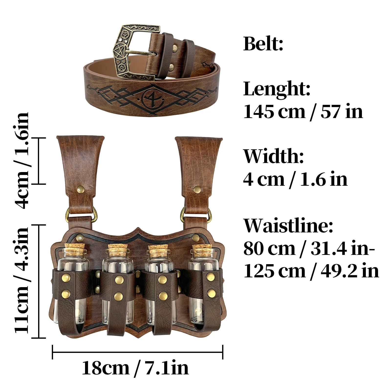 2pcs Halloween Medieval Retro Pu Leather Belt and 4 Cork Vials Set Fantasy Witch Potion Bottle Belt Relief Alchemy