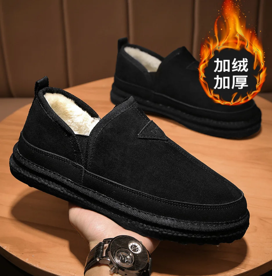 

Winter Men Shoes Warm Fur Snow Boots Waterproof Suede Furry Leather Ankle Loafers Male Fluffy Plush Shoes Outdoor Driving Shoe