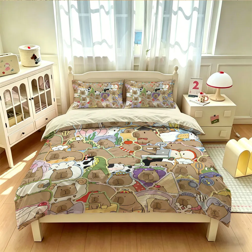 A set of 3 cute Capibara sticker bedding sets, featuring a soft coreless machine-washed and used as bedding decorations
