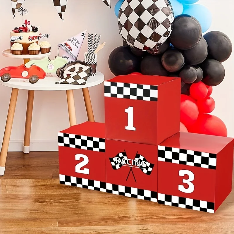 Image of Große Rennwagen-Partyboxen, Goodie, karierte Boxen für Geburtstagsdekoration, LKW, Rennwagen, Podium, Herzstück, Partygeschenke aus Pappe
