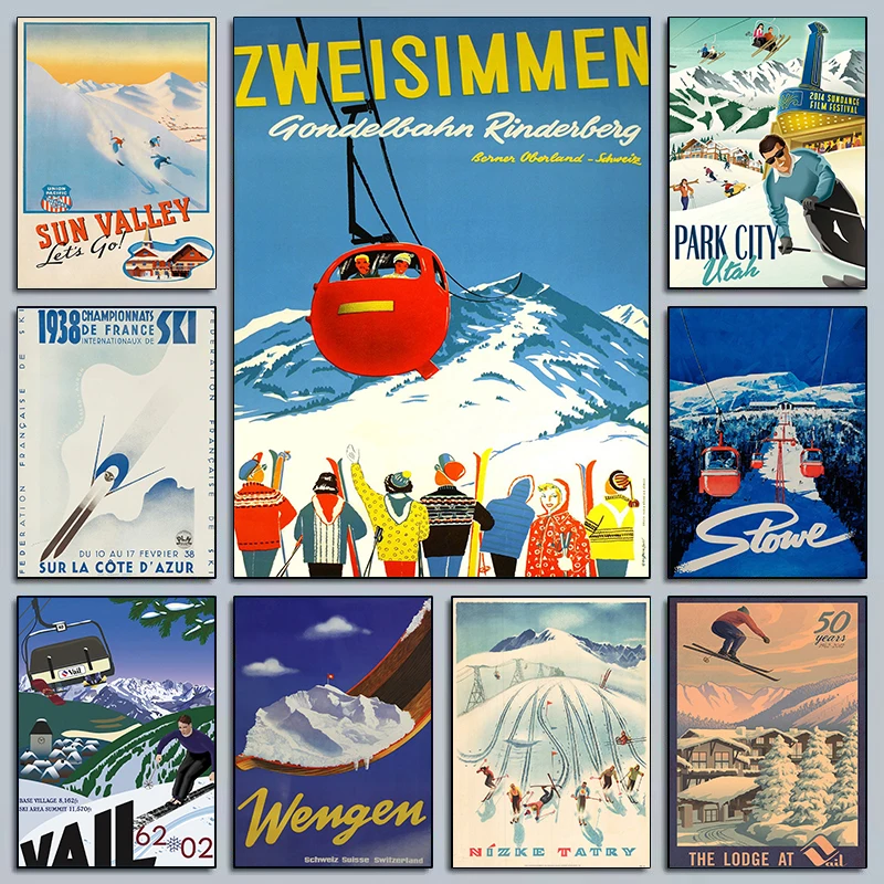 Póster Retro de deportes de invierno, pintura en lienzo impreso, imágenes artísticas de pared, decoración del hogar, Sun Valley Ski Resort, viajes, deportes de invierno