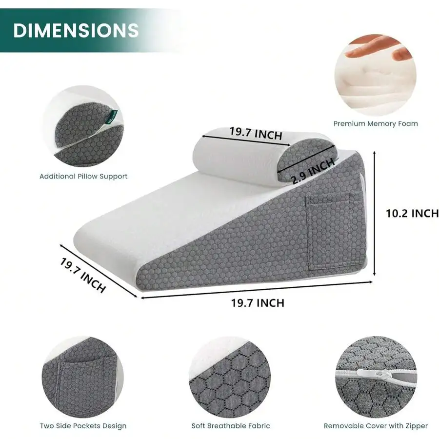 Wedge Pillow With Extra Bolster, Bed Wedge Pillow For Sleep Apnea, Acid Reflux Relief, Back Pain, After Surgery, 30 Degree Trian