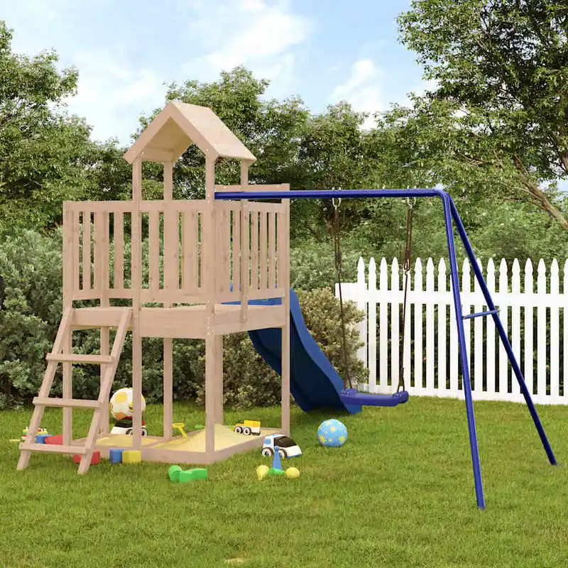 Parc de jeux extérieur en bois massif Douglas, tour de jeux, balançoire individuelle, toboggan ondulé, charge maximale 45 kg, équipement de loisirs pour jardin, 286x323x214 cm, composants bleus, ensemble complet
