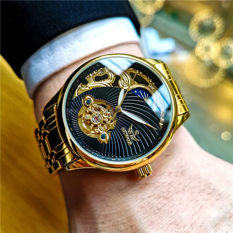 SEWOR Men\'s Watches Luxury Gold Tourbillon Watches Men Moon Phase Skeleton Automatic Mechanical Wristwatches Relogio Masculino