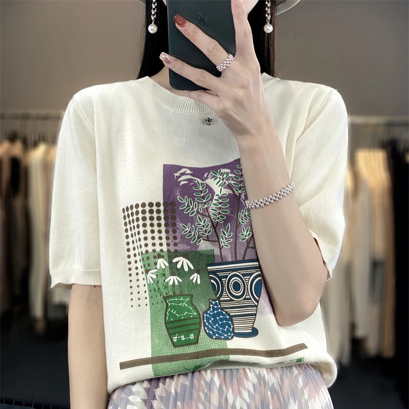 Summer New 100% Cotton Knitted Short-Sleeved Women\'s Round Neck Color Matching Printed T-Shirt Loose Plus Size Half Sleeve Top