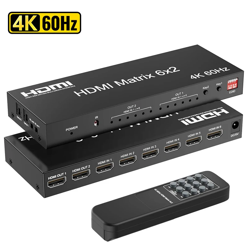 4K 60Hz HDMI Matrix Switch 6 in 2 out HDMI Video Matrix Selector Switch Splitter 6x2 with Optical R/L Audio Output HDCP 2.2 EDID