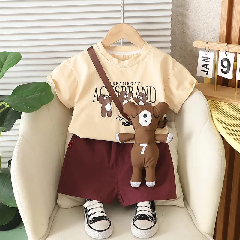 1 2 3 4 5 Years Summer Boys Clothing Sets Cotton T-Shirt + Shorts +Bear 3Pcs Boys Suits Birthday Gifts New Children's Clothing