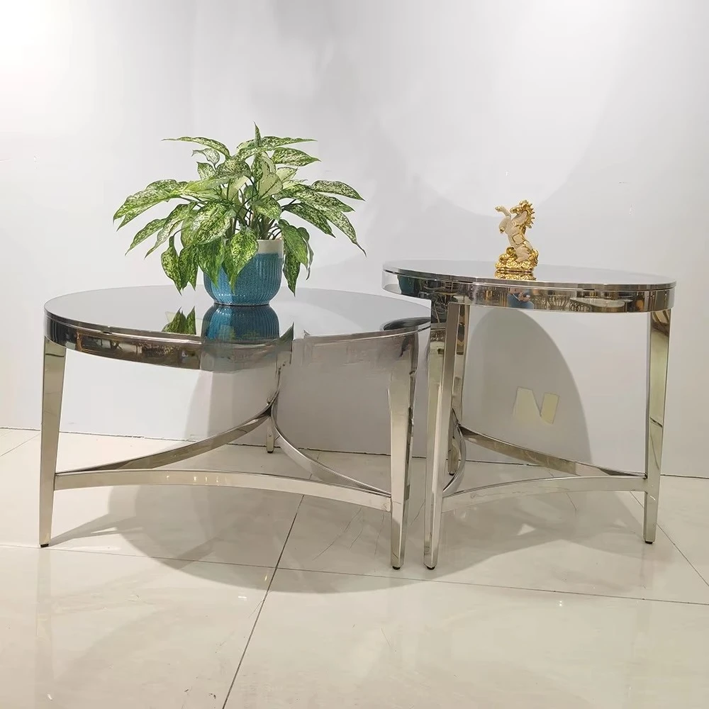 

Living Room Furniture Silver Stainless Steel Center Table Mirror Glass Round Coffee Table Set Luxury Smart Coffee Table