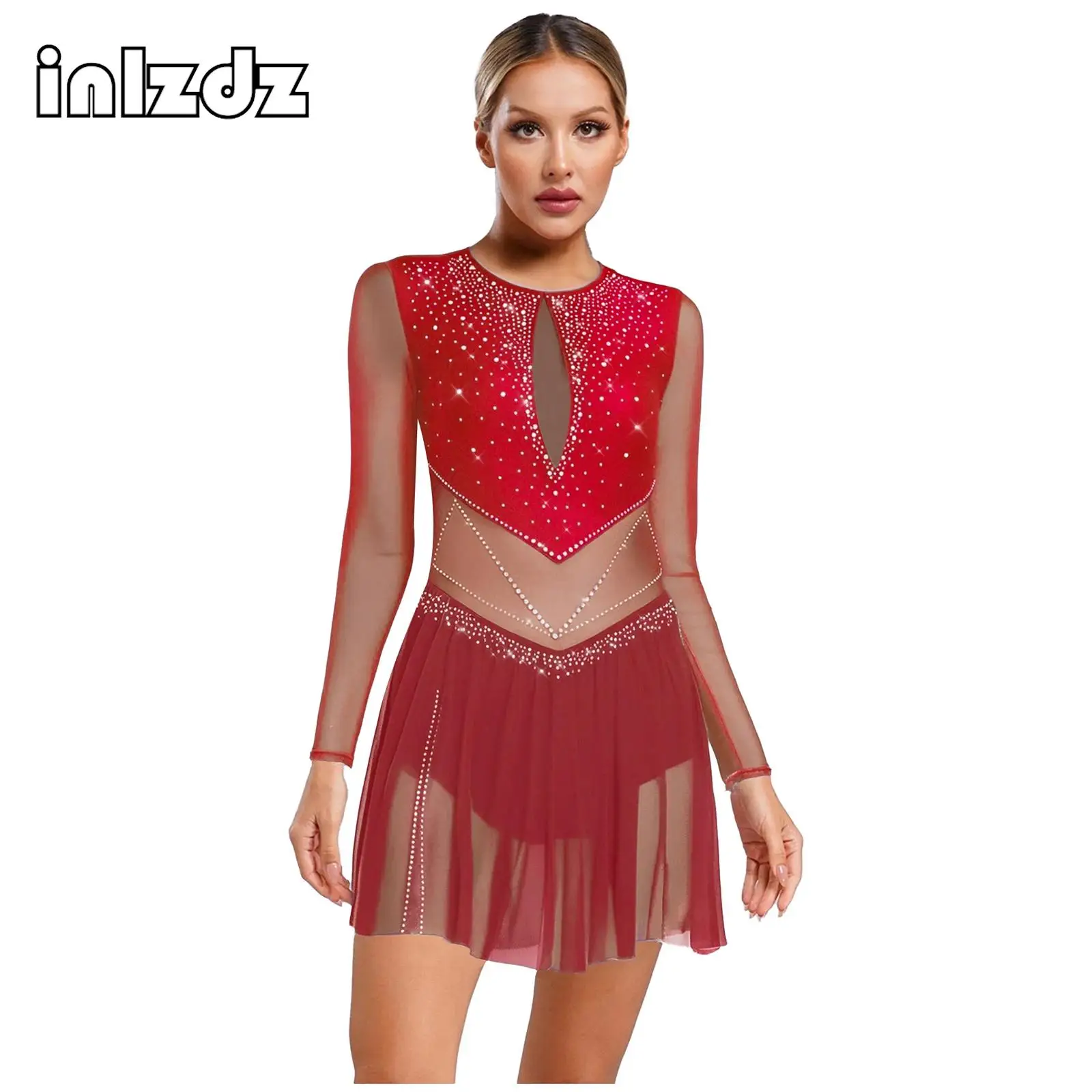 

Womens Color Block Figure Skating Dance Dresses Long Sleeve Keyhole Back Shiny Rhinestones Dress for Performance Competition