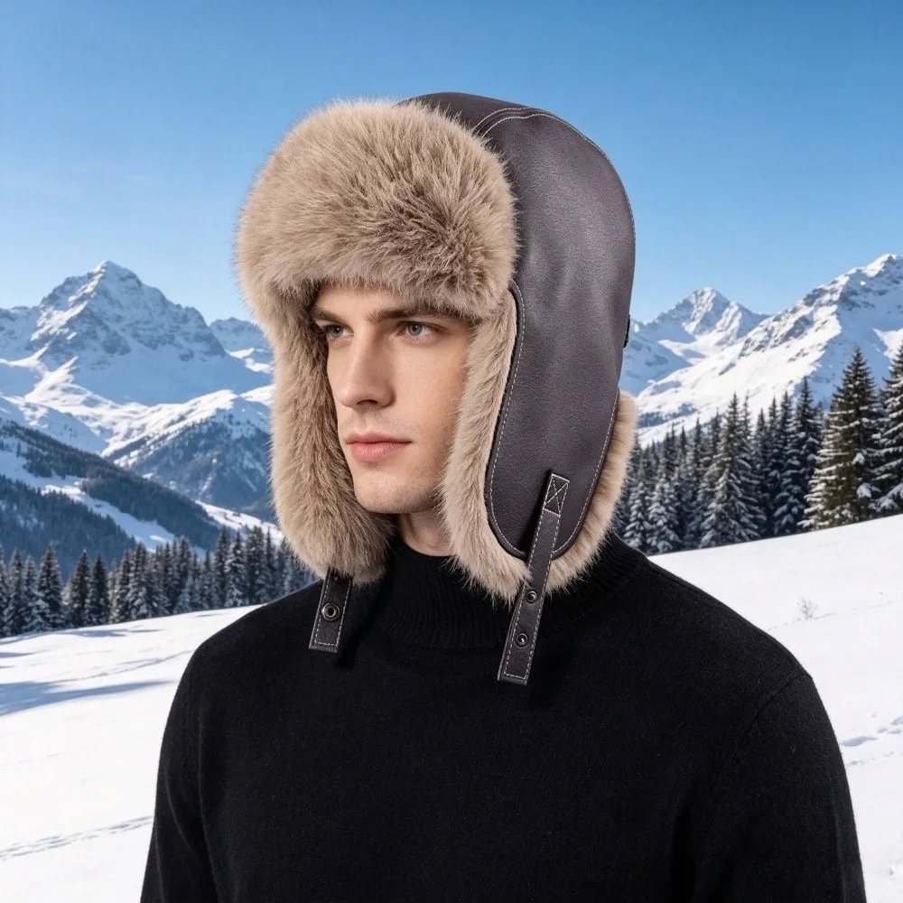 Faux Leather Winter Warm Hat Thick Material Ear Flap Design Thick Faux Fur Lined Hat Windproof Construction Faux Fur Lined