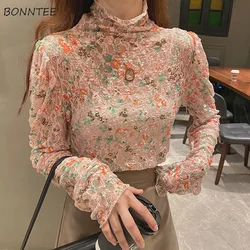 Shirts Women Turtleneck Long Sleeve Elegant All-match Autumn Stylish Print Ladies Blouses Slim Casual Ulzzang Lace Fashionable