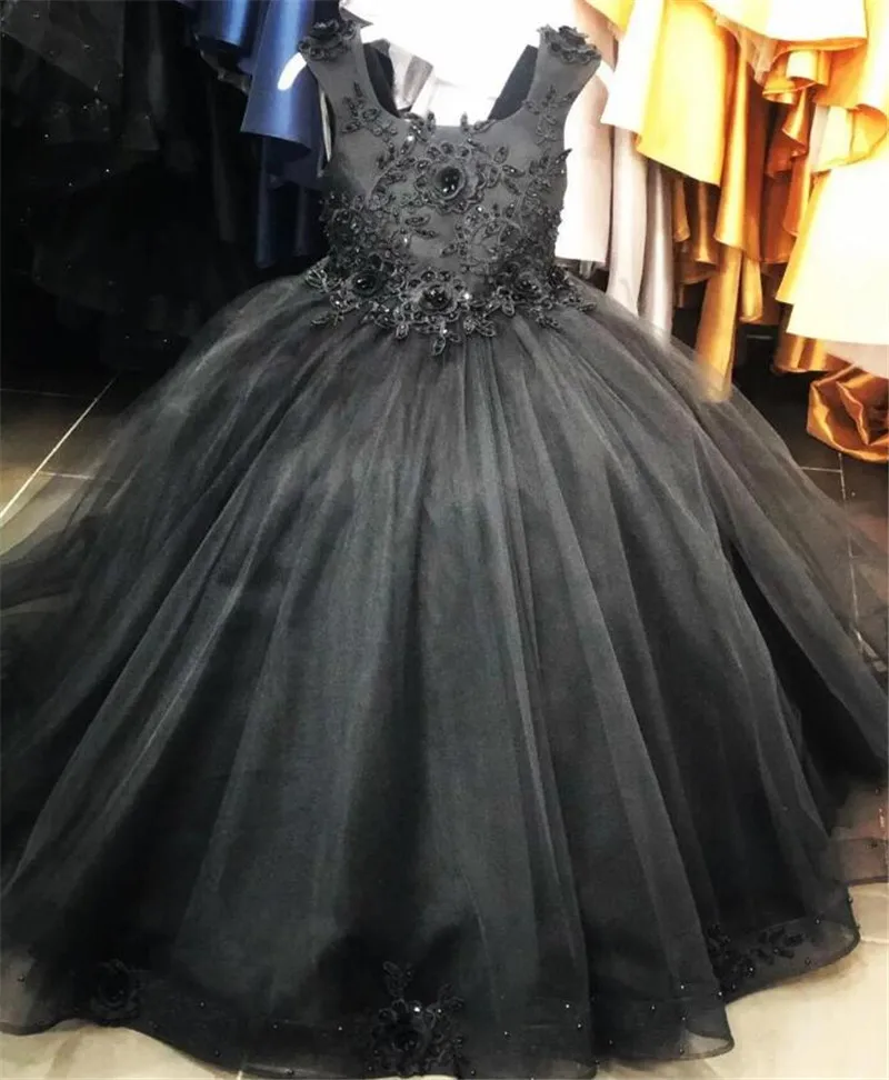 

Black Flower Girl Dresses Ball Gown Beaded Lace Tulle Kids Long Birthday Dress Pageant First Communion Gown