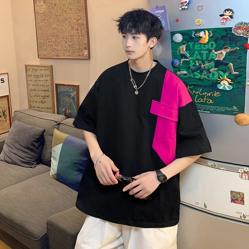 Casual Big and Tall Men's T-Shirt Breathable Cotton Tee Color Block Design Loose Fit Plus Size Summer Wear