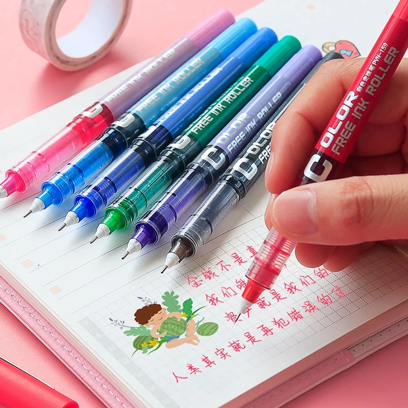 7pcs/set Large Capacity Straight liquid Roller Gel Pens 0.28/0.38/0.5mm Needle Tip Colour Ink Ball Pen School Office Stationery