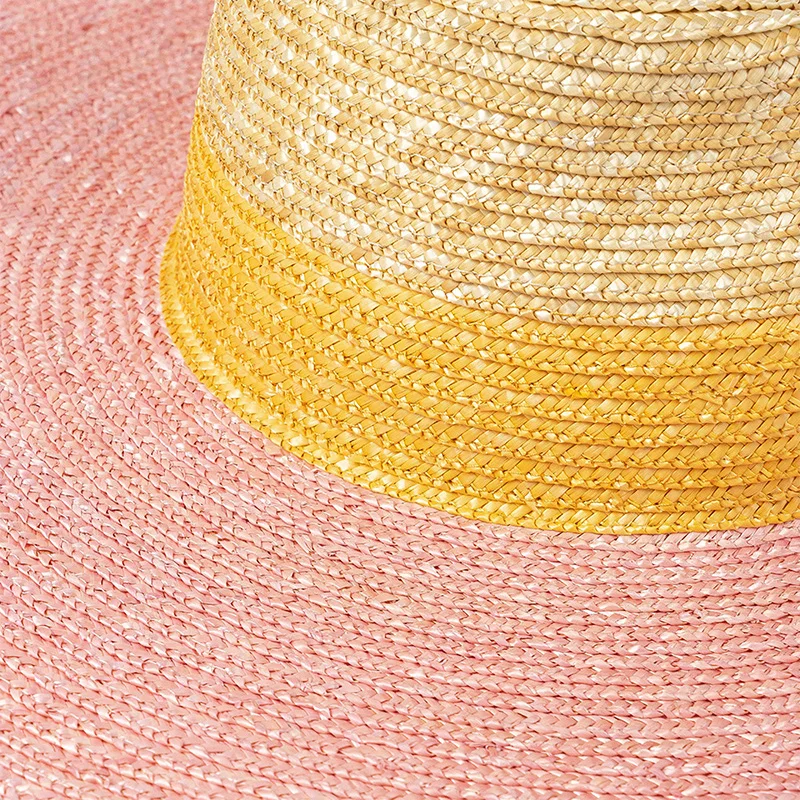 Womens Summer Beach Hat Yellow Pink 3 Tones Wheat Straw Hat Outdoor Wide Brim Sun Hat Jazz Top Panama Hat Stage Performance Hat