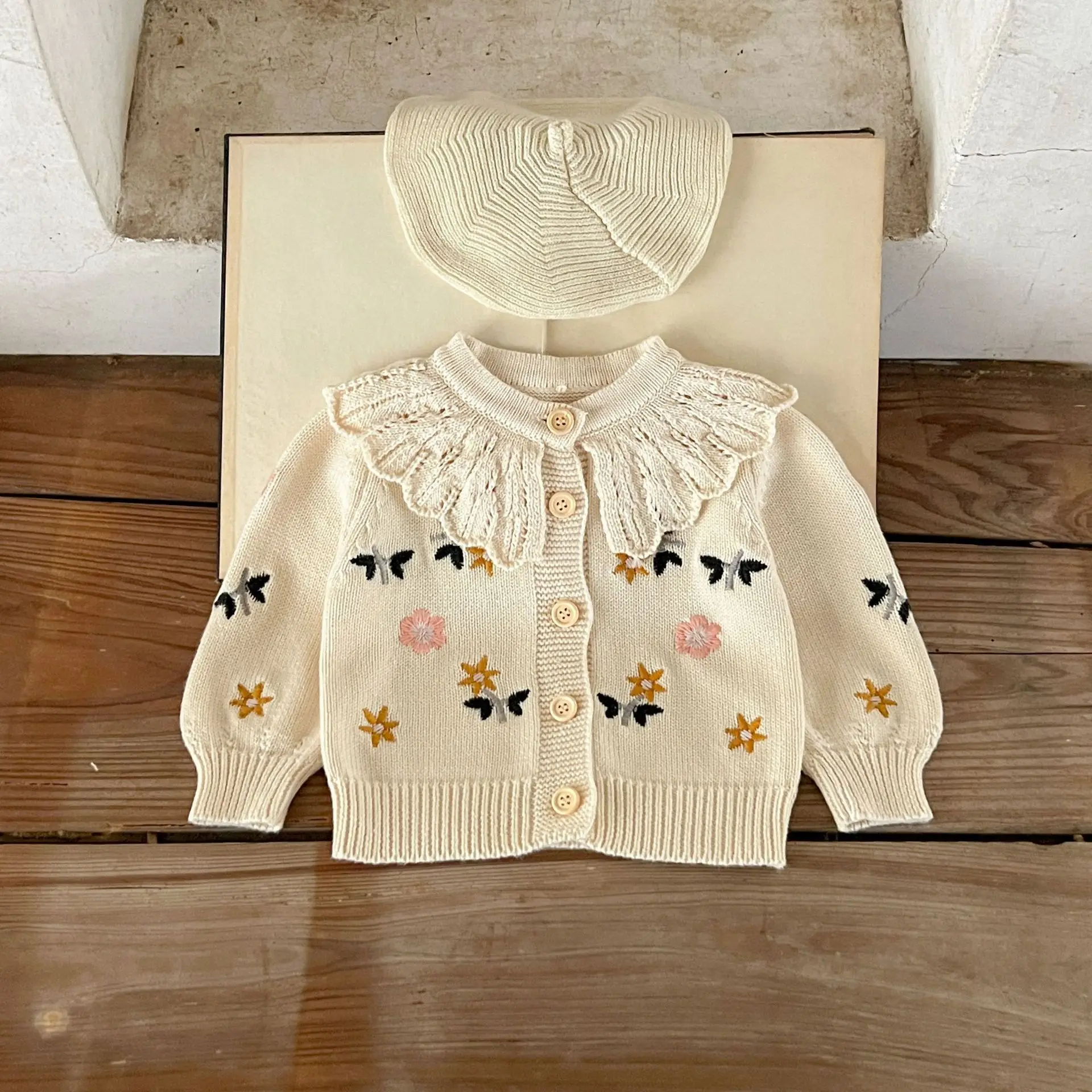 Autumn Little Girl Cardigans Floral Embroidery Infant Baby Girl Knitwear Lace Ruffle Collar Long Sleeve Cotton Kid Girl Sweaters