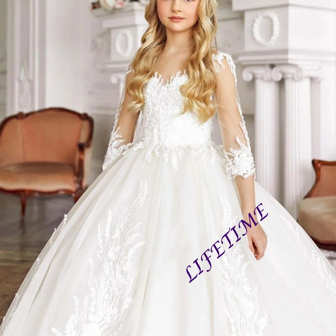 

CustomizedWhite Elegant Lace Flower Girl Dress for Wedding Tulle Floor Length Half Sleeves Kids First Communion Pageant Birthday