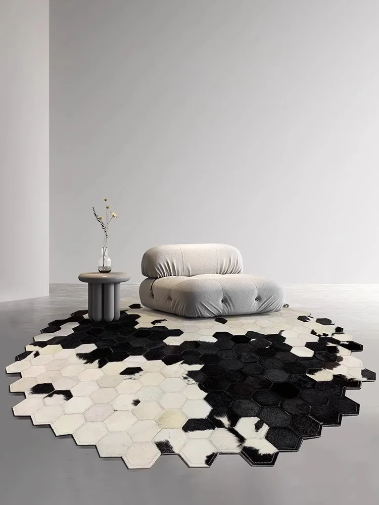 

Black White Genuine Cowhide Patchwork Carpet Living Room Round Rug for Study Room Irregular Handmade Real Cow Fur Floor Mat