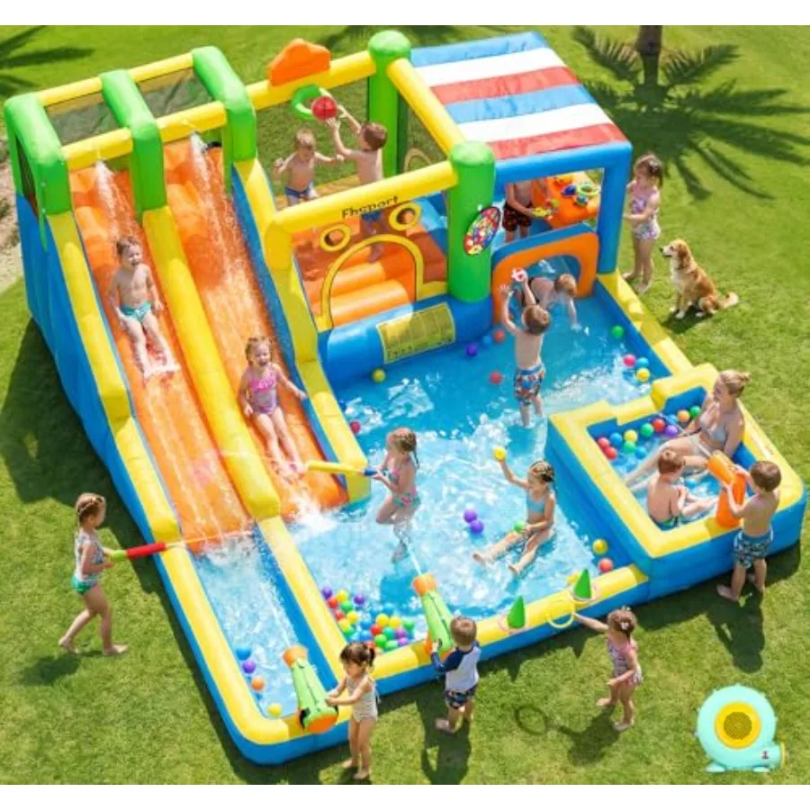 Backyard inflatable bounce house double water slide: PVC material, blue and yellow, 11-in-1 design with 680W blower, splash poo