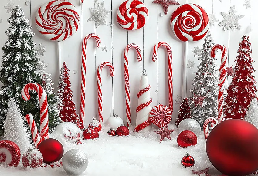 Mehofond Christmas Candyland Photography Backdrop Newborn Birthday Party Snow Balls Lollipops Trees White Background Photozone