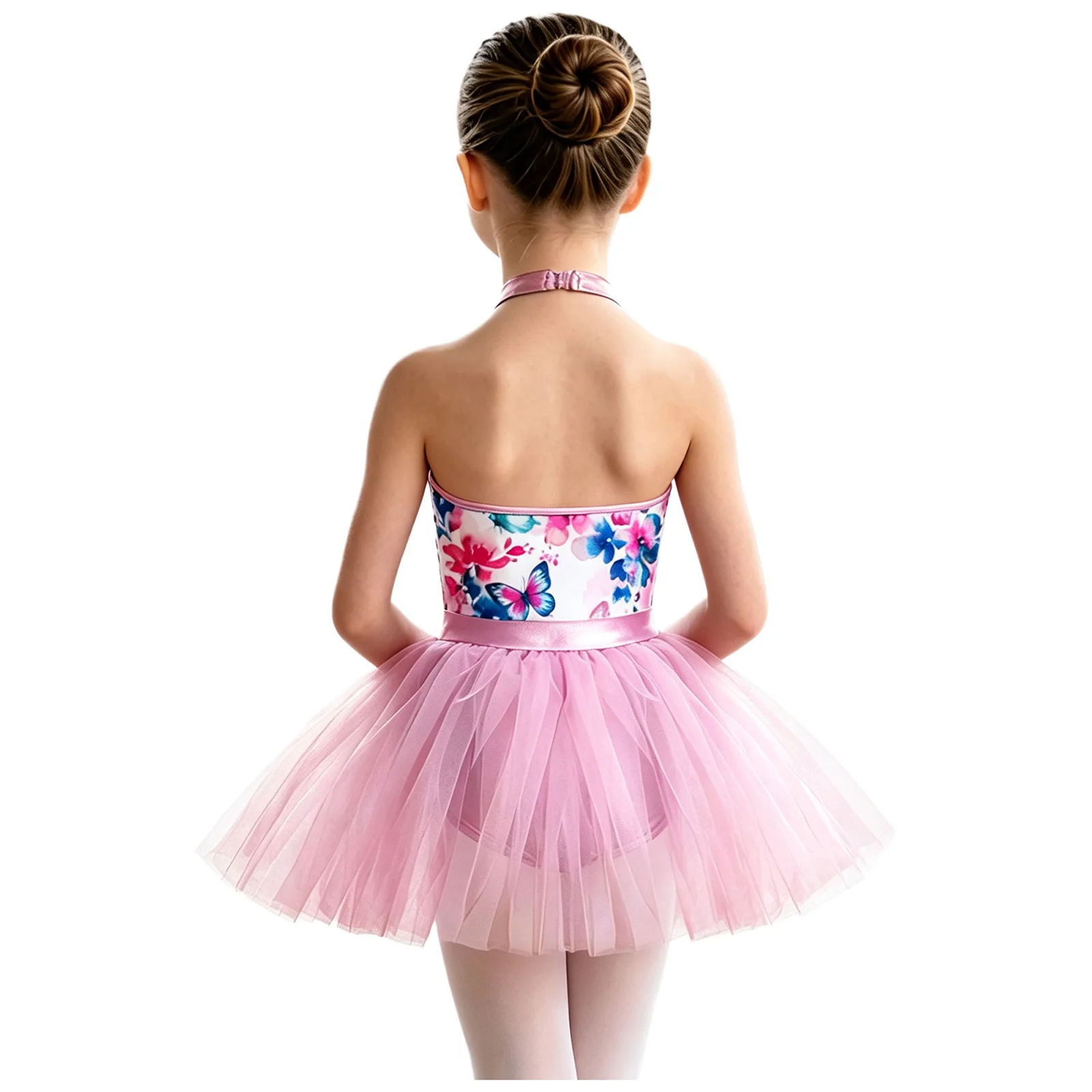 Kids Girls Ballet Dance Dress Halter Backless Sleeveless Printed Bodice Tulle Dresses Figure Skating Rhythmic Gymnastics Leotard