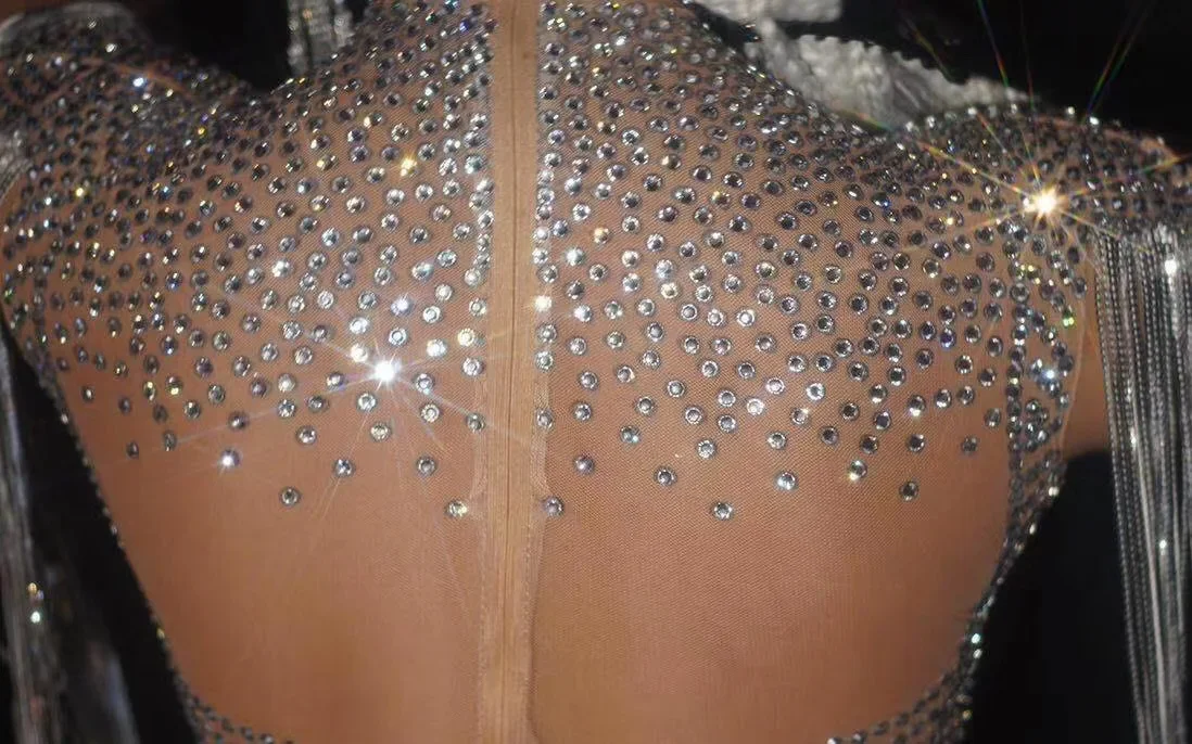 Nude Shining Rhinestones Sparkly Long Tassel Sexy Dress For Women Nightclub Clothing Stage Singer Costumes Party Evening Wear