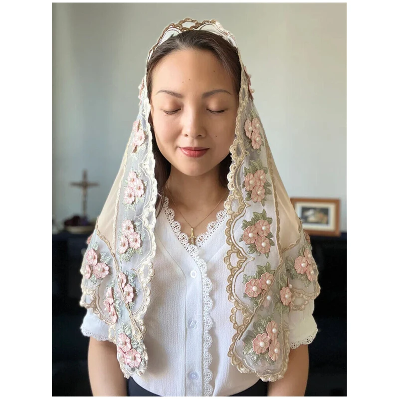 Floral Triangle Mantilla Veils Church Mass Nude 3 D Flowers Pearls Beaded St. Agatha Women Head Covering Vintage Silk Chiffon