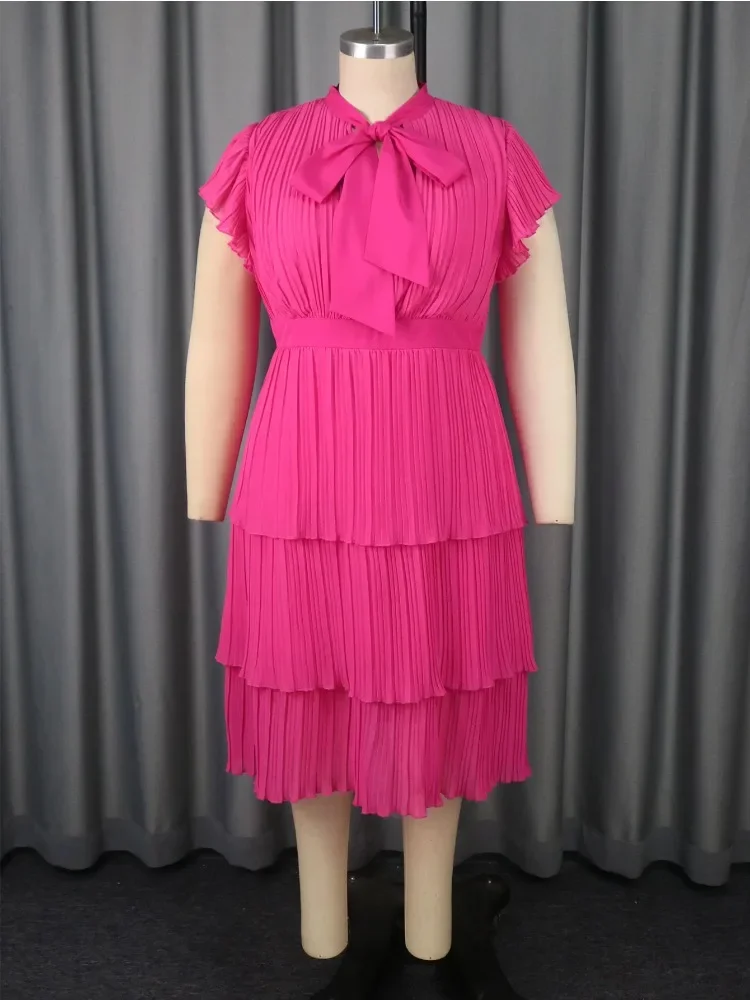 

Pleated Tiered Dress with Short Sleeves and A Chic Neck Tie Bow Perfect for Office Events Dinner Dates or Semi Formal Gatherings