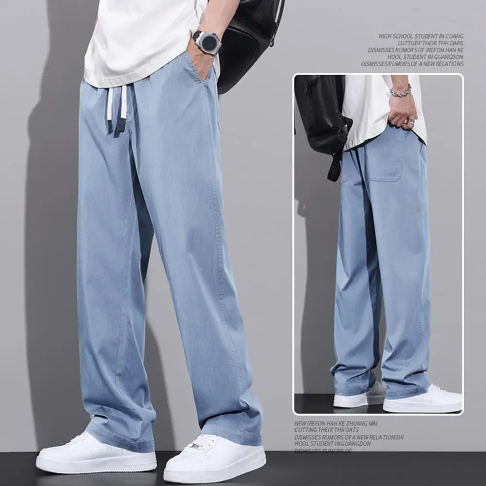 

Men Straight-legged Jeans Versatile Men's Denim Pants Elastic Waist Adjustable Drawstring Wide Leg Stylish Summer for Comfort