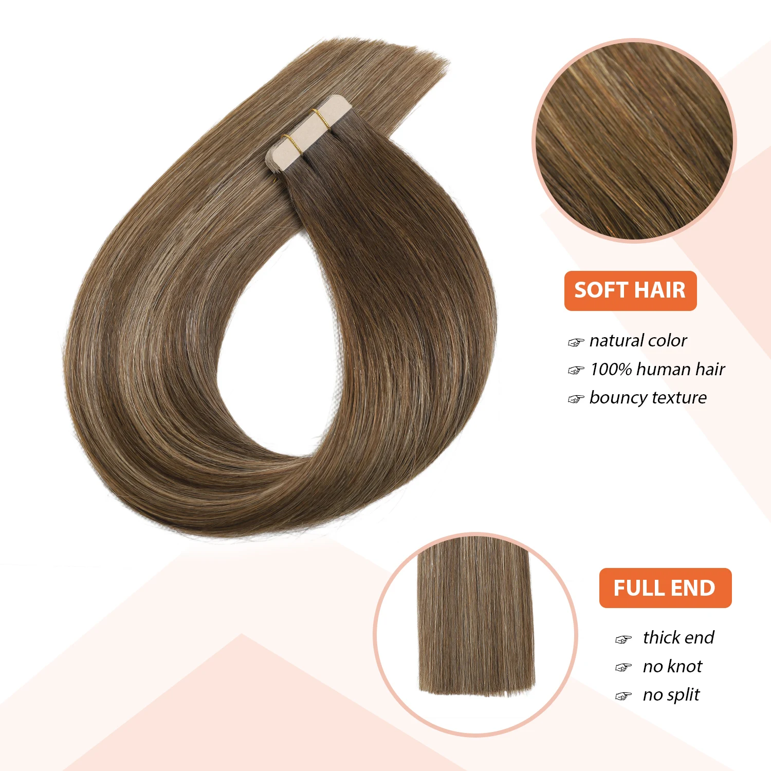 XDhair-Fita em Extensões de Cabelo, 100% Cabelo Humano, 14 in, 22 in, 50g, Balayage, Castanho Chocolate a Loiro Caramelo, 20 unid