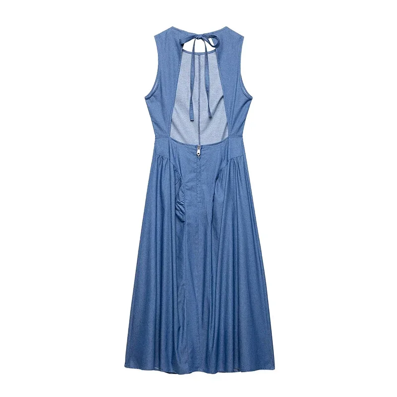 Mode Zurück Aushöhlen Plissee Lange Kleider für Frauen Oansatz Ärmelloses Kleid Vintage Weibliche Elegante Party Kleider