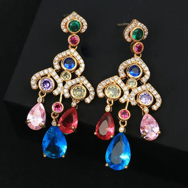 1pair Colorful CZ Aeolian Bells Drop Earring Elegant Luxury Water Drop Earring for Woman Party Accessory