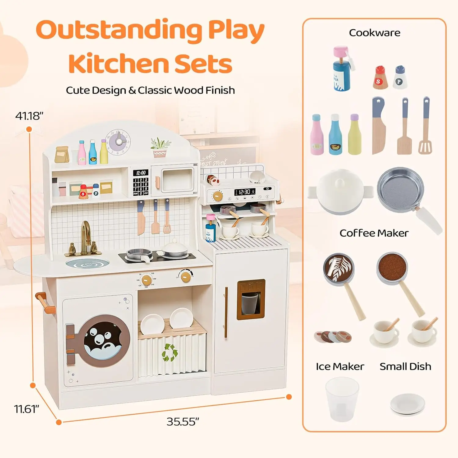 Juego de cocina de madera con cafetera, accesorios de cocina de simulación, diseño de cocina para niños, el mejor regalo para mayores de 3 años