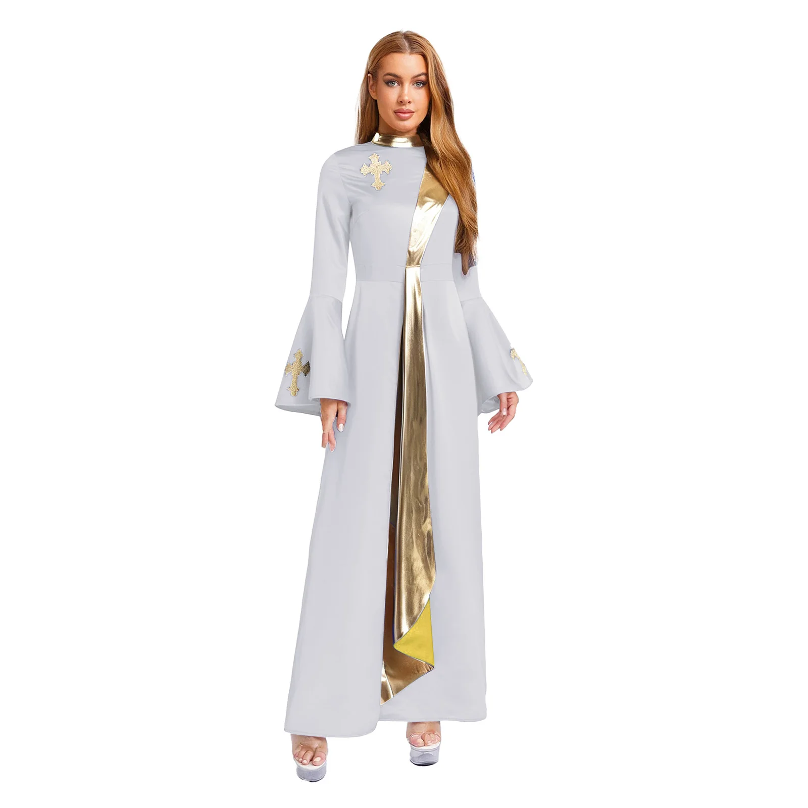 

Women Liturgical Worship Church Priest Clergy Performance Robe Cross Embroidery Metallic Tunic Cassock Dress Halloween Cosplay