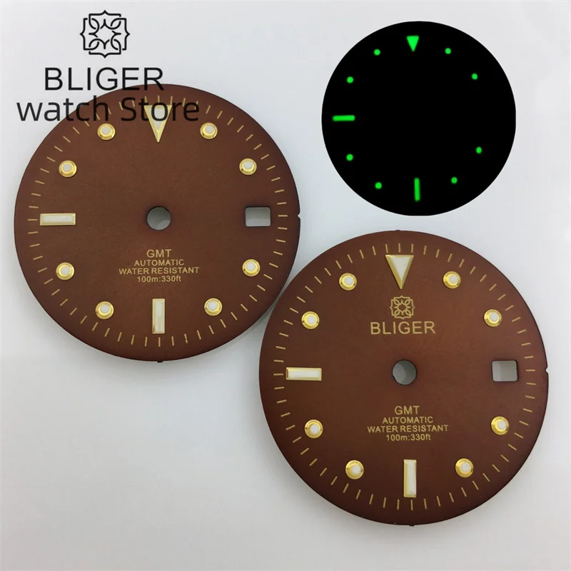 BLIGER 29mm GMT dial Brown dial Gold index suitable for NH34 DG3804 movement