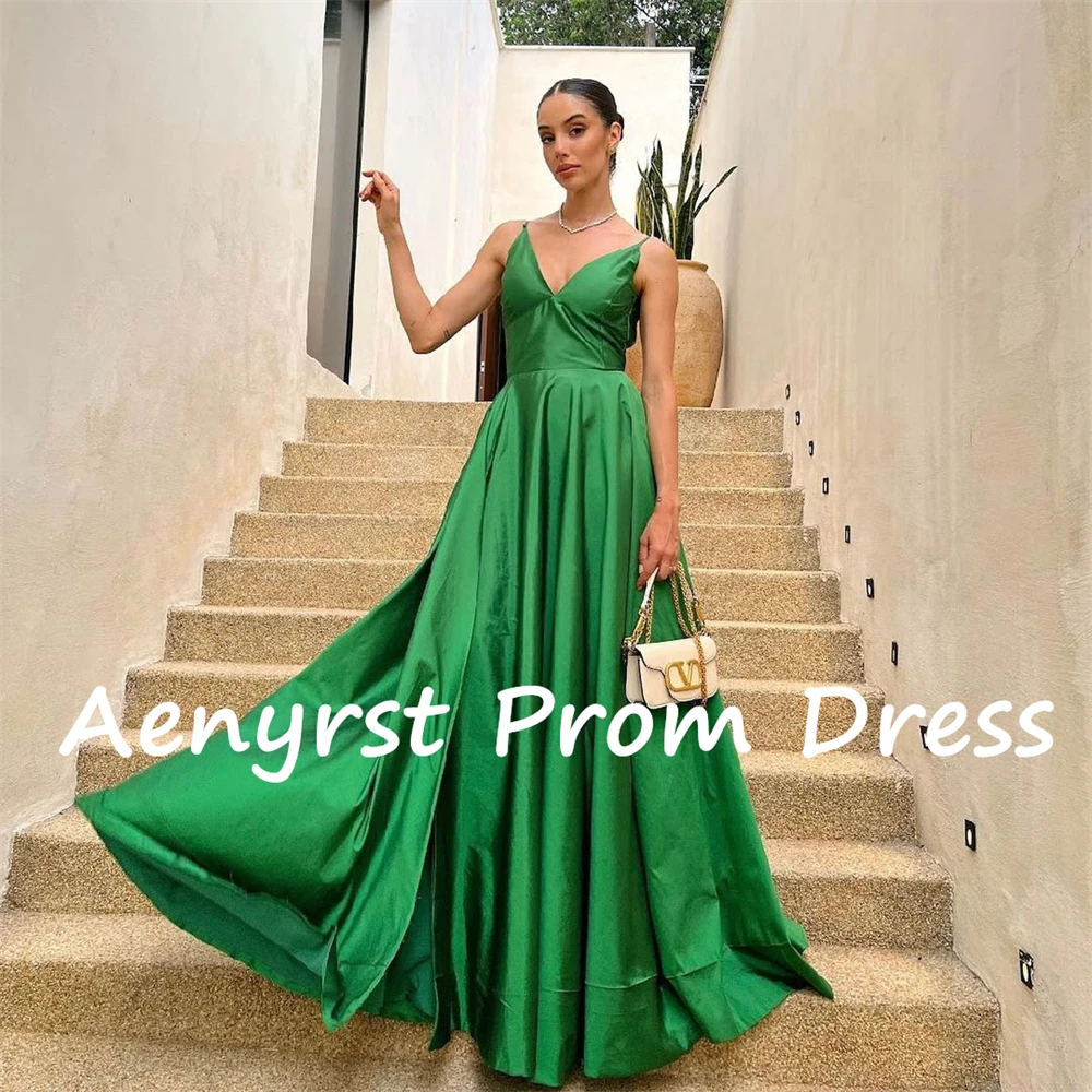 Aenyrst-vestidos de baile com alça verde simples para mulheres, linha A, decote V, vestidos de noite divididos, até o chão, vestido de festa