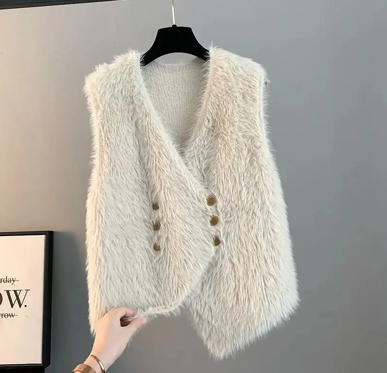 Chaleco de punto holgado para mujer, cárdigan, nuevo suéter de piel sintética de visón, chaleco, prendas de vestir exteriores para primavera, Otoño e Invierno