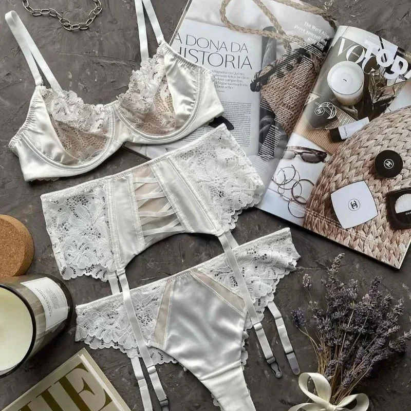 Tornova 3 Piece Set Sexy Underwear Set For Women Mesh See-Through Lace Thin Sling Bra Set With Girdle Sexy Lingerie Suit New