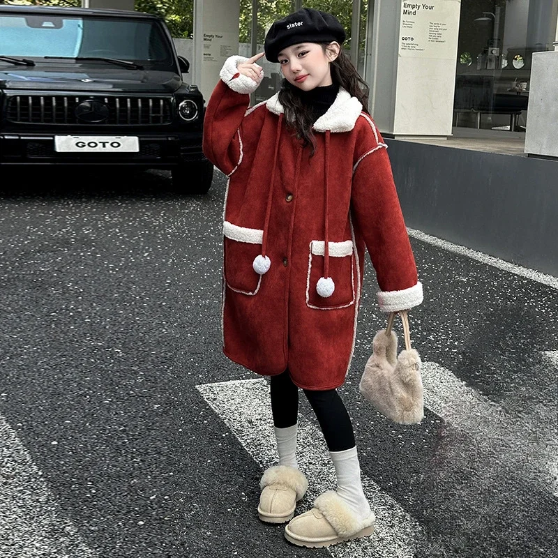 Girls' Winter Fur Integrated Long Coat Children's Foreign Style Autumn and Winter Girls' Older Children's Velvet Annual Coat