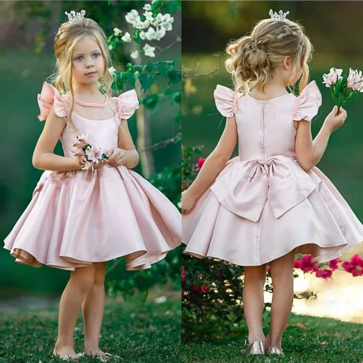 

Lovely Little Baby Girls Pink Satin A-Line Flower Girl Dress Princess Ball Transparent Kids Birthday Party Evening Gowns