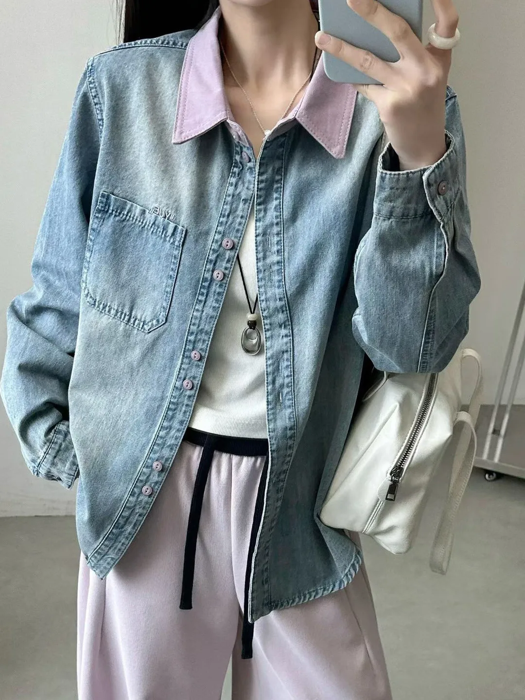 

Женская джинсовая рубашка свободного кроя с длинными рукавами в стиле колор-блок, с эффектом похудения, из выстиранного денима, верхняя одежда для весны и осени