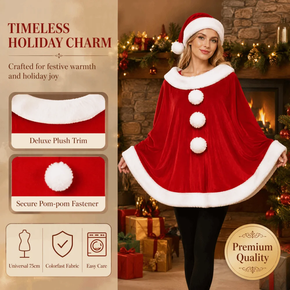 Modischer Polyester-Weihnachtsmantel und Hut, Plüsch, dicker Weihnachtsumhang, winddichter Schal, Weihnachtsmann-Kostüm für Kinder – Detail 8