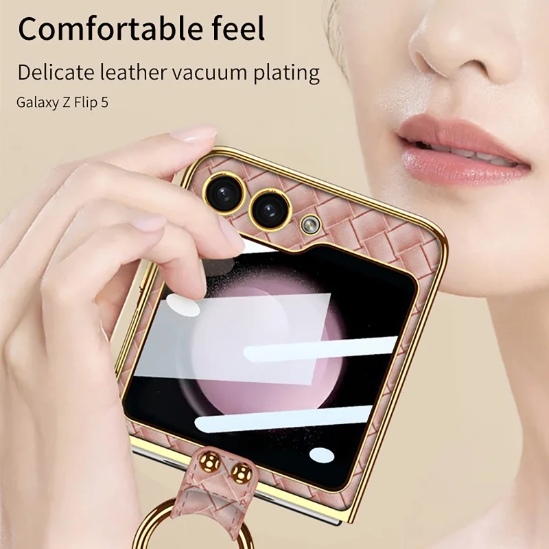 Luxury Leather Woven Phone Case for Samsung Z Flip 4 5 Case with Ring Fashion Shockproof Cover for Galaxy Z Flip4 Flip5 Case