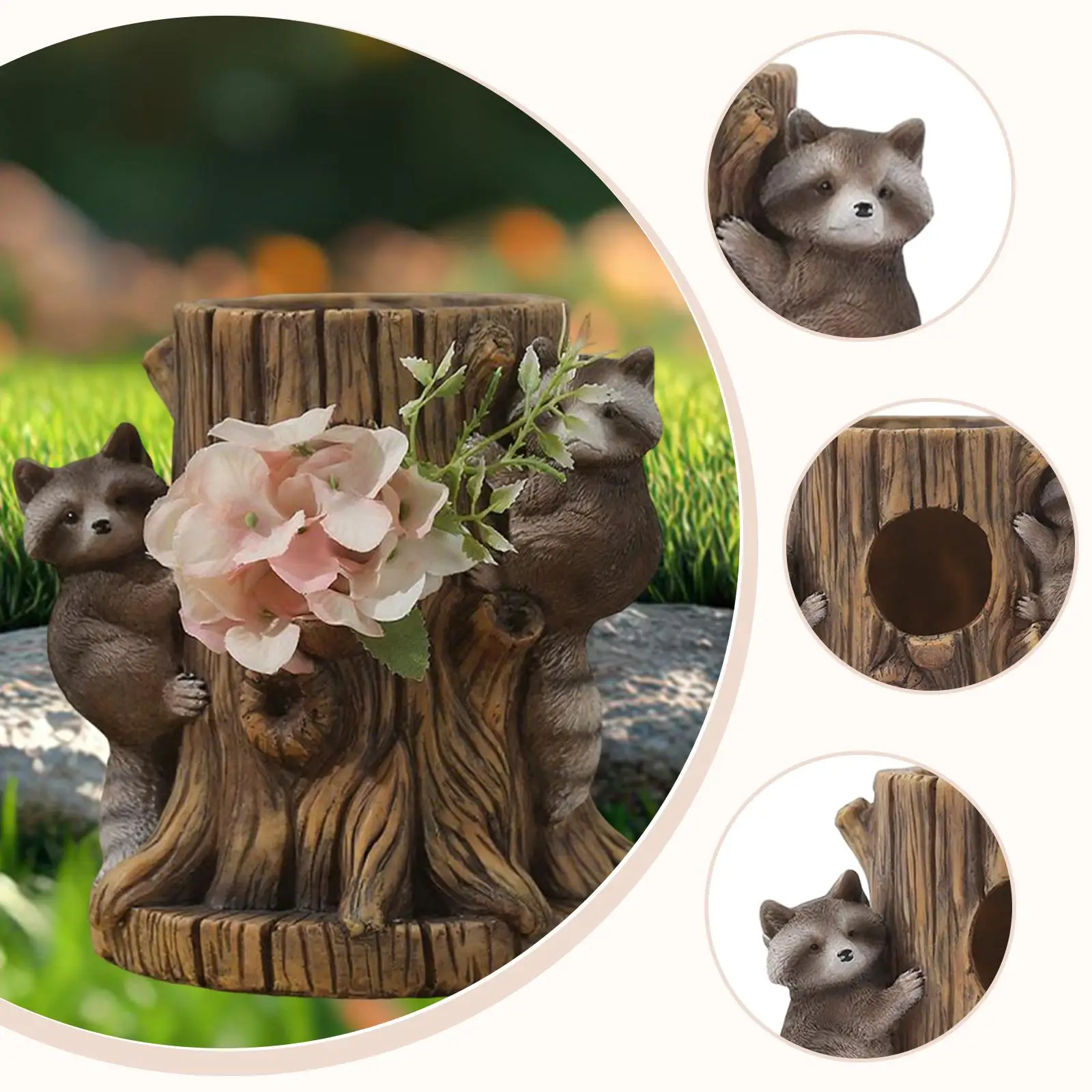

Raccoon Stump Flowerpot Home Decor Flower Arrangement Rustic Resin Figurine for