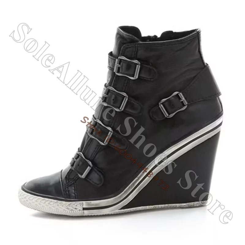 Grey Multi Buckle High Top Wedge Sneakers Vintage Toe Cap Hidden Wedge Heel Retro Street Daily Casual Walking Shoes - view 3