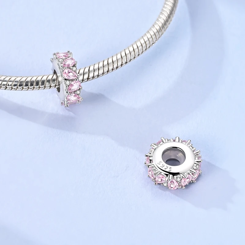 

925 Sterling Silver Pink Water Droplet Zircon Rubber Plug Fixing Clip Charms Bead Fit Original Bracelet DIY Women Jewelry Gifts