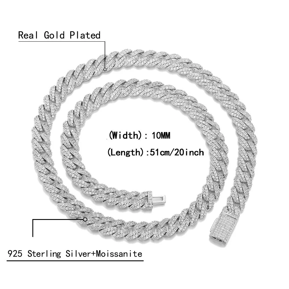 925 Sterling Silver Moissanite 10mm Cuban Link Chain for Men Iced Out Choker Necklace Big Heavy Chunky Hip Hop Jewelry Gifts