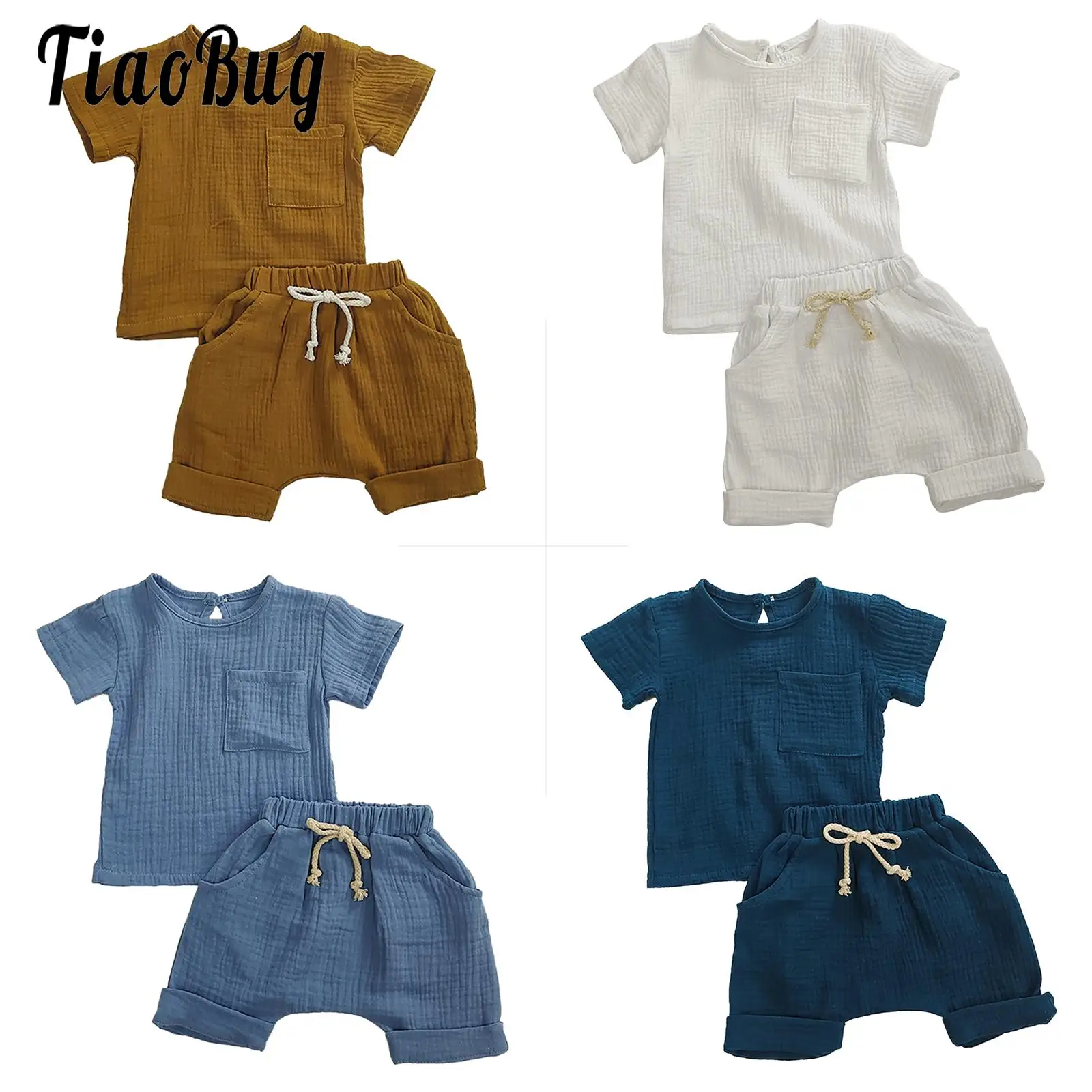 Baby Unisex Boys Girls Cotton Clothes Set Casual Short Sleeve Shirts with Elastic Waistband Drawstring Waist Shorts Outfits