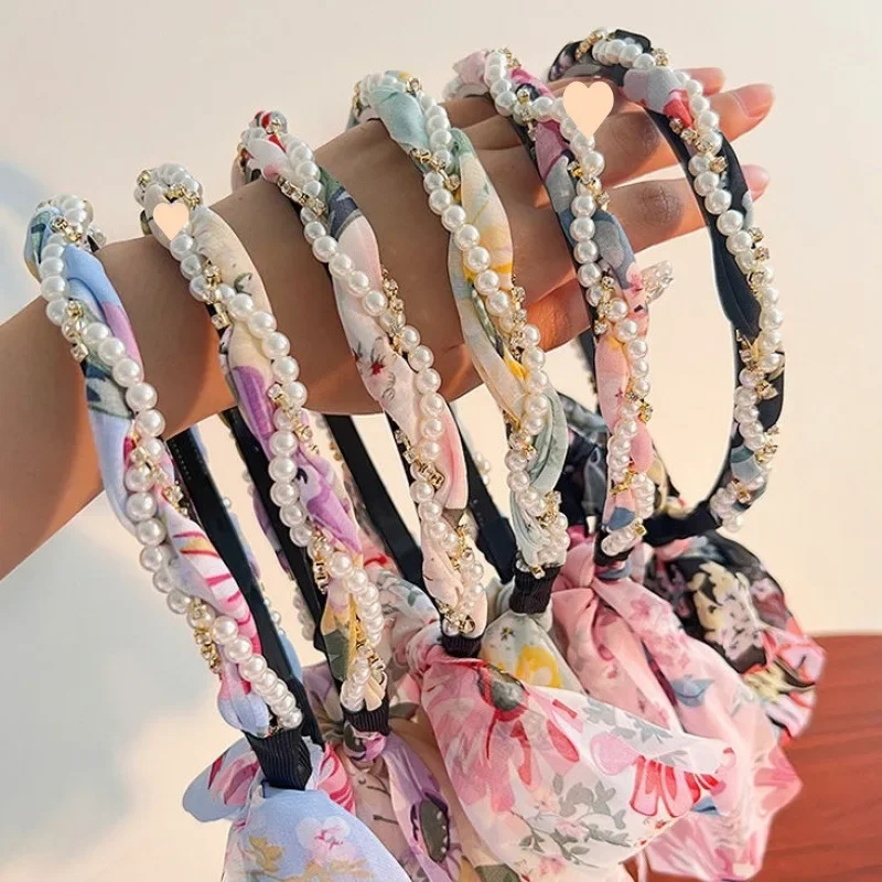 المرأة مضفر الشعر الشريط التعادل الشعر عقال قابل للتعديل القوس اللؤلؤ مضفر هيرباند الرجعية وشاح حريري عقال للنساء الفتيات