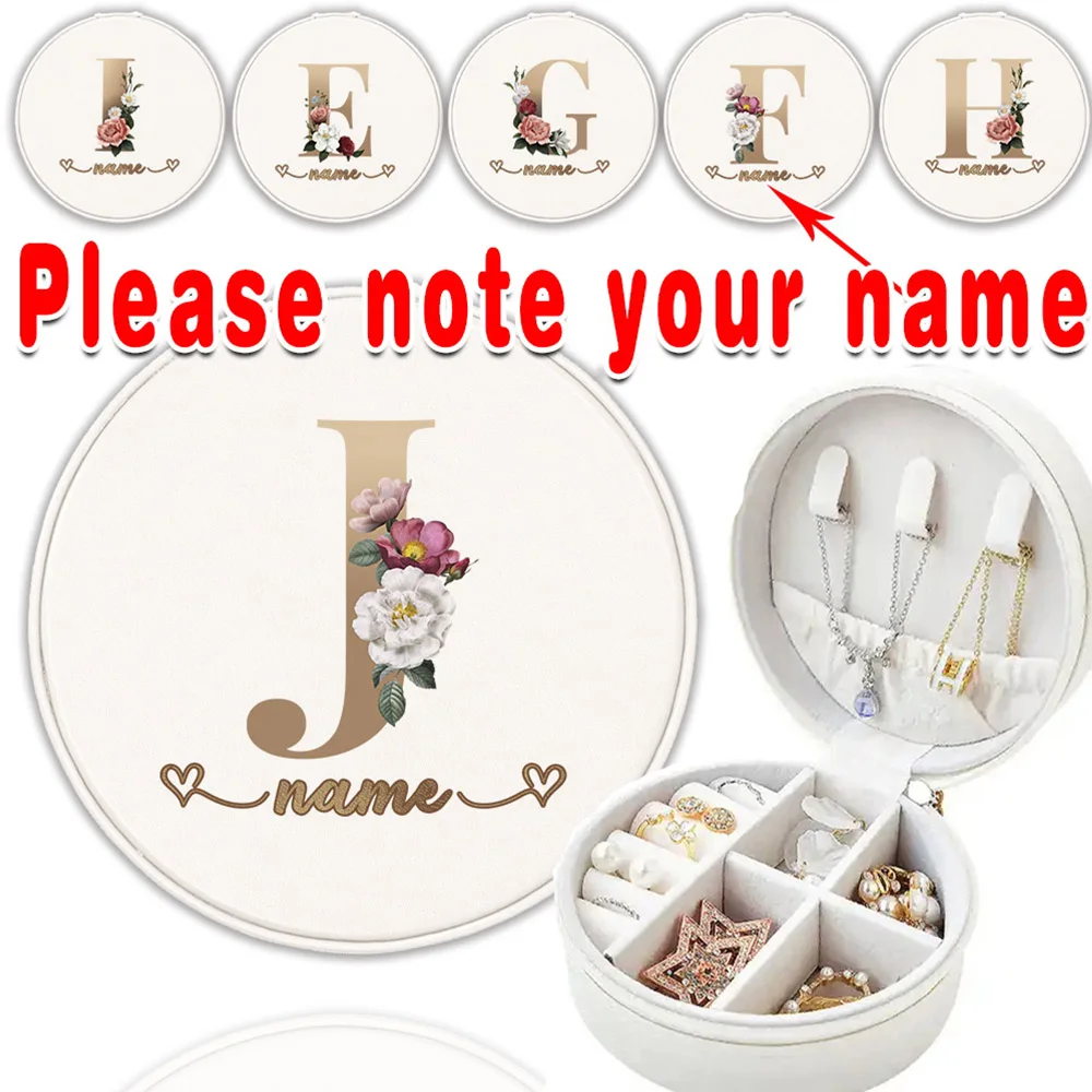 

Customized Name Portable Round Jewelry Box Pocket Necklaces Earrings Rings Jewelry Organizer Display Case Travel Leather Storage